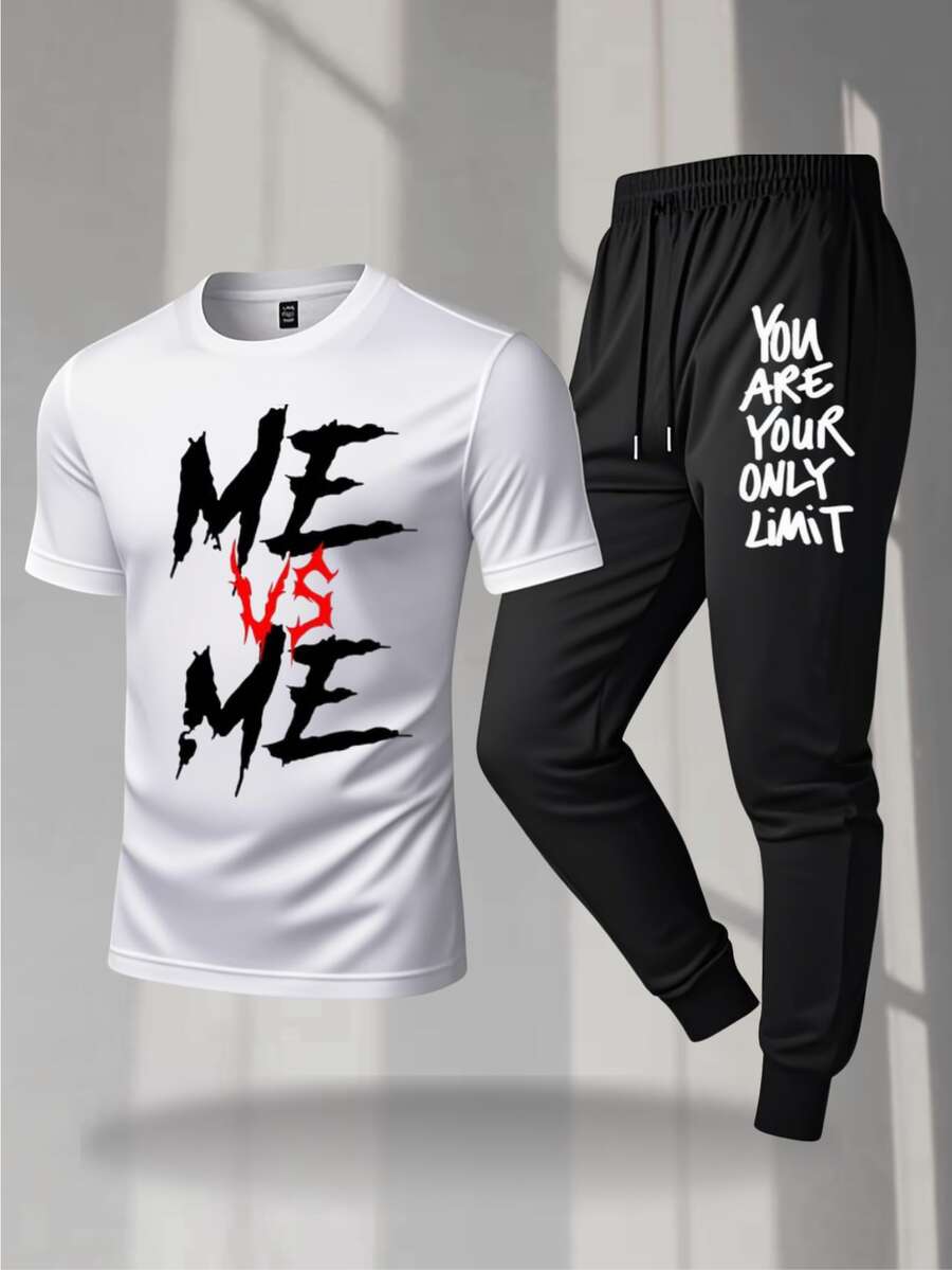 2-Piece Outfit With Racing And Sports Letter, Men's Short Sleeve Graphic T-Shirt And Casual Cotton Pants Set,  Crew Neck T-Shirt + Drawstring Cuffed Joggers, Outdoor Casual Sportswear Set For Sports For Outdoor - 白色 - 查看 1