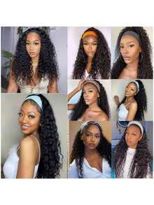 Wet And Wavy Headband Wigs Blended Human Hair Brazilian Virgin Hair Water Wave Headband Synthetic Hair Wigs For Black Women 200% Density Glueless Non Lace Front Wigs Half Wig With Headband Curly Hair Band Wig 18inch - Natural & Black - View 9