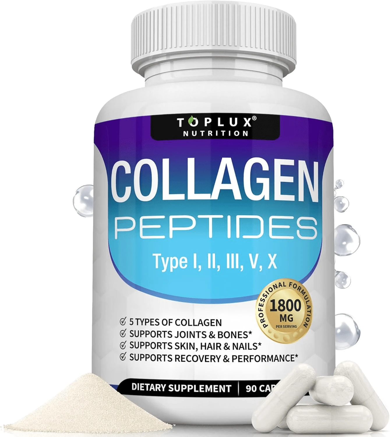 Toplux Multi Collagen Peptides Pills 1800 Mg Complex - Tipo I, Ii, Iii, V, X Complejo De Colágeno Premium Para Mejor Piel Y Pelo, Artículos Fuertes, Proteína Hidrolizada, 90 Cápsulas - Otros - Ver 1