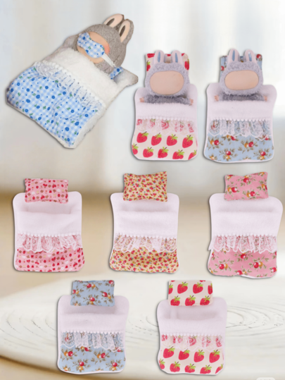 2PCS [Sleeping Bag + Pillow] For Labubu , 17cm Doll Bedding Set, Labubu 1 Generation 2 Generation Sleeping Doll Bed Sleeping Set.Halloween Doll Decorations