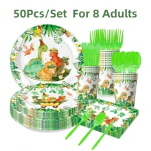 50pcs,Dino Party Tableware,Anime Dinosaur Party Tableware, Paper Plates, Napkins And Cups Perfect For Birthday Party, Jurassic Dinosaur Jungle Style Party, Birthday Shower - Multicolor - View 1