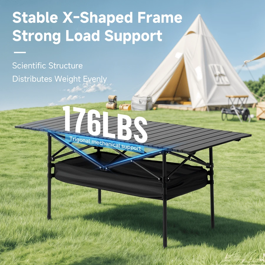 Senmeo Camping Table Folding Camp Table Roll Up Surface Lightweight, Collapsible Height Adjustable Suitable For Picnic Adults With Carry Bag For Indoor Outdoor BBQ Picnic Gathering Patio - 95cm戶外折疊桌-黑色-帶網兜升降款 - 查看 1