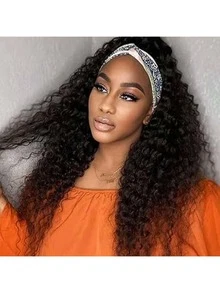Wet And Wavy Headband Wigs Blended Human Hair Brazilian Virgin Hair Water Wave Headband Synthetic Hair Wigs For Black Women 200% Density Glueless Non Lace Front Wigs Half Wig With Headband Curly Hair Band Wig 18inch - Natural & Black - View 6