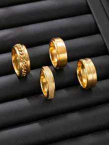 Set von 4 stilvolle Edelstahl Herren Einzelringe, schwarz geprägt, mattiert, dekorativ für den täglichen Gebrauch, Halloween Geschenk