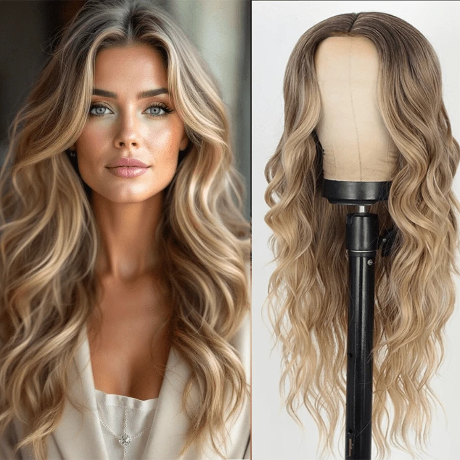 22 Inch Gold Gradient Long Water Wave Wig, Comfortable And Easy To Wear, Even Beginners Can Easily Learn, Suitable For Various Occasions - 漸變金色 - 查看 1