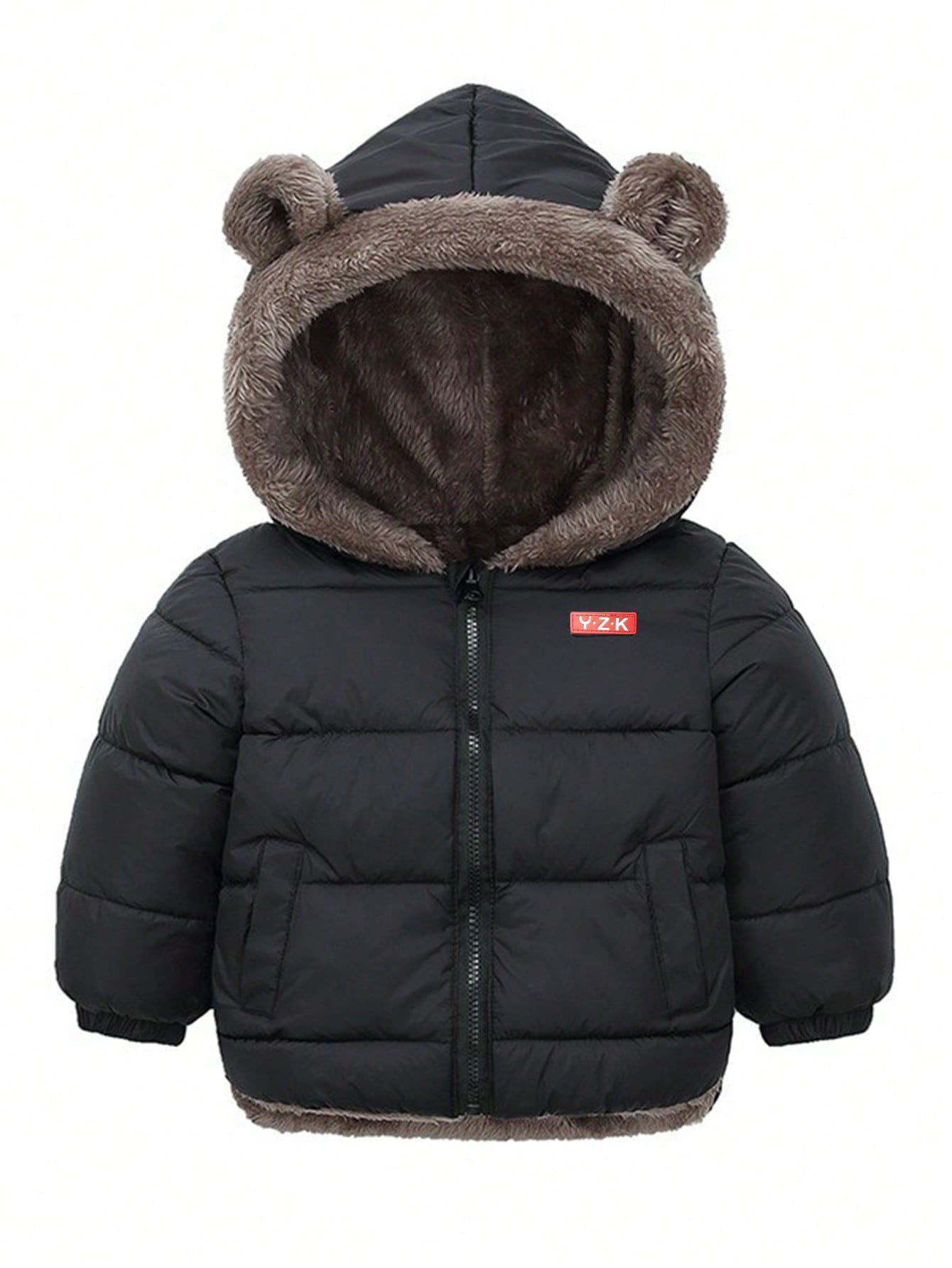 Áo khoác có mũ trùm đầu lót lông cừu in chữ cho bé trai, có thể đảo ngược - màu đen - Xem 1