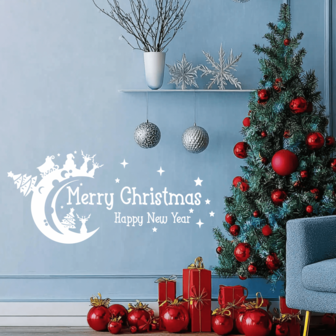 1 pieza Calcomanía de pared Feliz Navidad Feliz Año Nuevo - Trineo de Papá Noel y renos en la luna con estrellas, árbol de Navidad y adornos - Vinilo removible, pelar y pegar, pegatina de pared de Navidad para el hogar, sala de estar, dormitorio, ventanas, escaparate y decoraciones navideñas para fiestas, decoración del hogar, decoración navideña, decoración de habitación de invierno