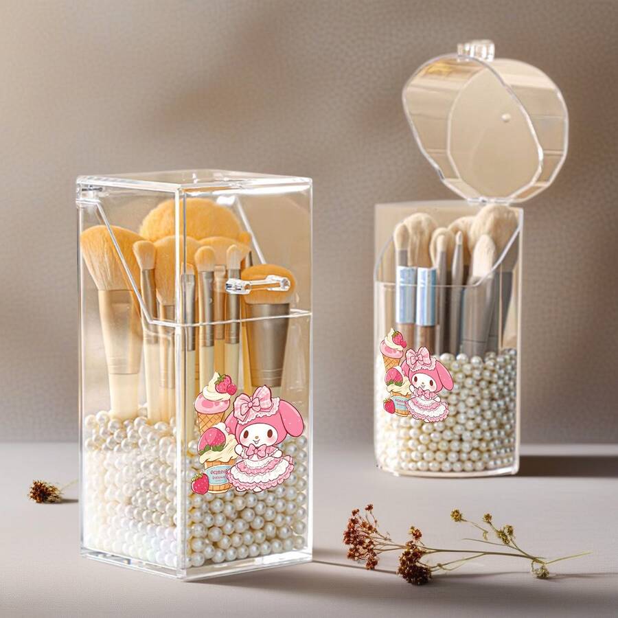 1pc Sanrio Cartoon Cute Cosmetic Storage Box, Portable Tabletop Lipstick Brush Holder, Transparent Box With Cover, Pen Holder, Makeup Brush Organizer, Gift