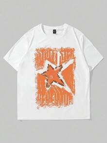 Distressed Orange Star & Text Graphic,Casual Soft Oversized Pure Cotton 220g Pattern Printed White T-Shirt - 白色 - 查看 1