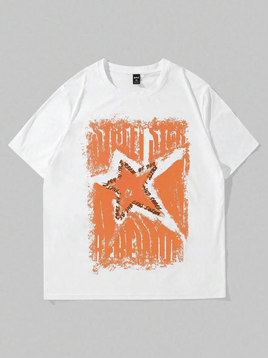 Distressed Orange Star & Text Graphic,Casual Soft Oversized Pure Cotton 220g Pattern Printed White T-Shirt - 白色 - 查看 1