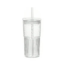 1pc Striped Plastic Tumbler With Straw & Lid - 20.29oz/600ml, Stylish Reusable Cup For Coffee/Tea/Milk/Iced Drinks - Nhiều màu - Xem 14