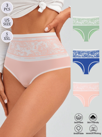 3pcs Women High Waist Floral Print Briefs, Tummy Control, Comfortable Fabric, Breathable, Stretchy