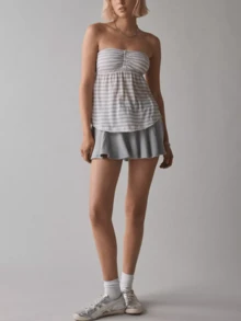 Women Y2k Striped Flowy Tube Tops Strapless Ruffle Hem Babydoll Bandeau Top Summer Button Down Backless Aesthetic Peplum Camisole Teen Girl Casual Going Out Streetwear - 淺灰紫 - 查看 4