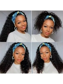 Wet And Wavy Headband Wigs Blended Human Hair Brazilian Virgin Hair Water Wave Headband Synthetic Hair Wigs For Black Women 200% Density Glueless Non Lace Front Wigs Half Wig With Headband Curly Hair Band Wig 18inch - Natural & Black - View 7
