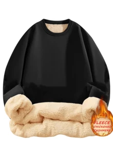 Thermal Lined Faux Wool Men's Winter Crew Neck Pullover Sweatshirt, Casual Polyester Knit Base Layer Hoodie, Long Sleeve, Round Neck, Regular Fit, Outdoor Leisure, Autumn/Winter Series - Black - View 3