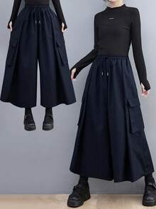 大码女式时尚宽松工装阔腿裤 - 藍色 - 查看 2