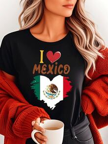 Camiseta holgada con estampado de la bandera de México para mujer. Suave y cómoda, confeccionada en mezcla de algodón, una prenda informal y elegante, perfecta para el verano y como souvenir de viaje. - Negro - Ver 2