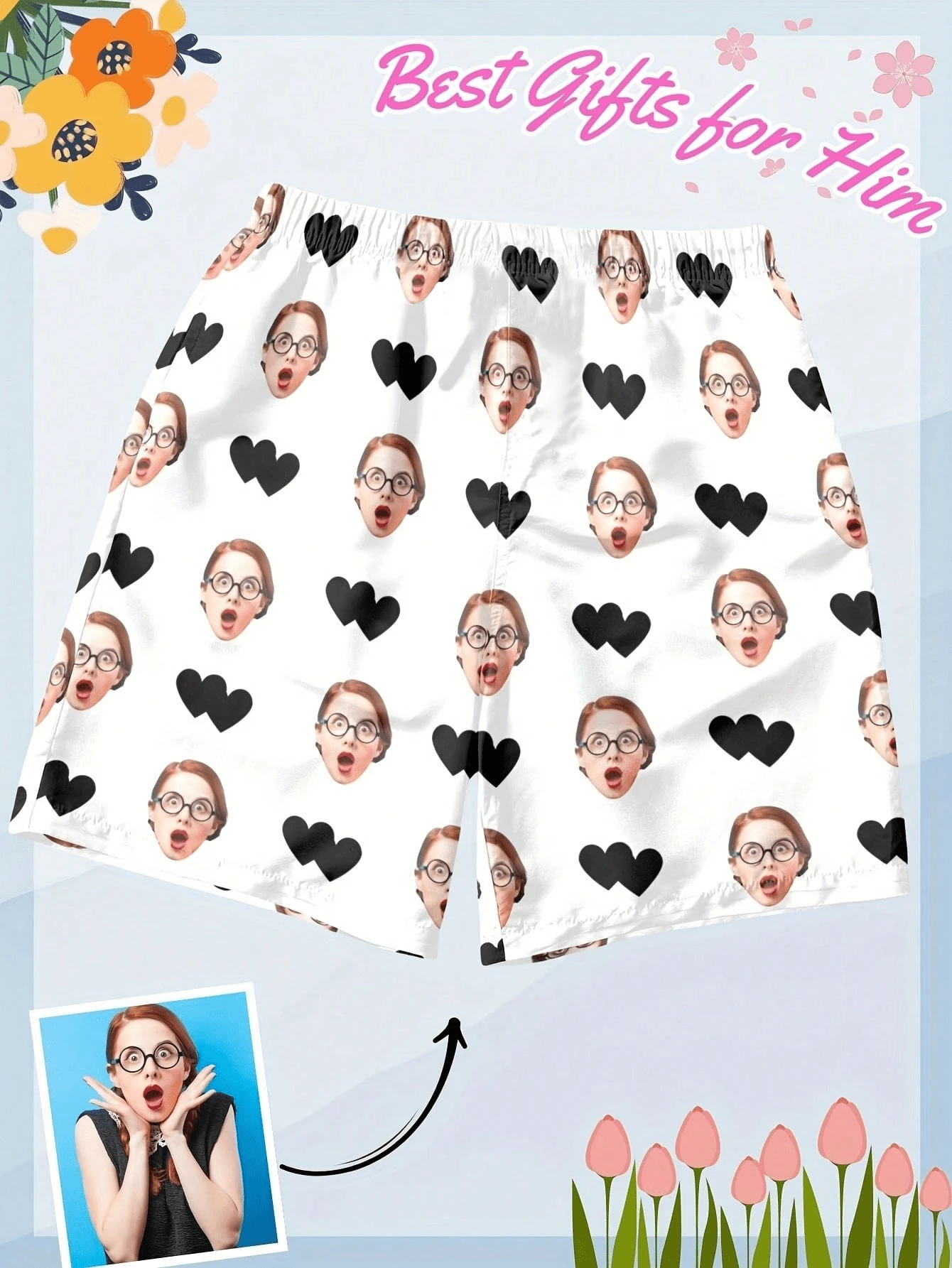 Printstory Customized Men's Pajama Shorts, Can Print Any Pattern, Unique Personalized Gift, Suitable For Family, Friends And Holiday Gatherings - White - View 1