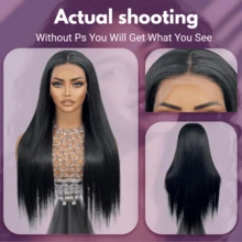 Put On And Go Glueless Wigs Human Blend Hair Wig 5x5 Pre-Cut HD Lace Front Wig And 13*4 Lace Front Wig Ready To Go 200% Density Black Long Straight Wig - Pre Bleached Knots & Natural Hairline- No Glue Needed For Instant Wear - Natural & Black - View 6