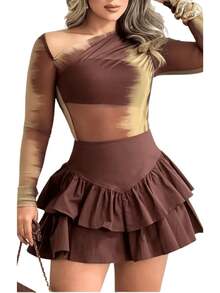 Shorts Women's Short Skirt With Layered Ruffles Round Skirt Fashion Style For Parties, Clubbing And Everyday Life - 鏽棕色 - 查看 4