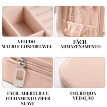 Mini Estojo Porta Organizador de Joia Brincos Anéis d Bolsa para Viagem Bijuterias Organizador Colar Armazenamento Caixa - Rosa Claro - Visão 3