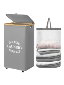60L/65L/100L/110L Wheeled Bamboo Laundry Basket With Lid - Includes Removable Laundry Bag, Foldable Dirty Clothes Basket With Handle, Extra Large Capacity Dirty Clothes Hamper, Collapsible Fabric Laundry Basket, Home Laundry Storage Bin - Multicolor - View 23