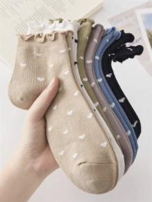 4/1 Pairs Women Ruffled Heart Pattern White Black Ankle Socks Short Socks, Breathable & Comfortable, Suitable For All Seasons, Random Colors - Multicolor - View 3