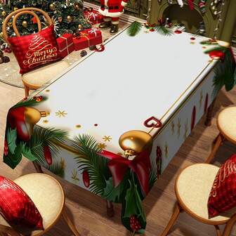 1/20pcs Christmas Tablecloth, White Background, Christmas Element Pattern Print Design, Elegant Polyester Fabric, Easy To Clean, Perfect For Table, Party And Holiday Decoration, Rectangular Shape, Christmas Decoration