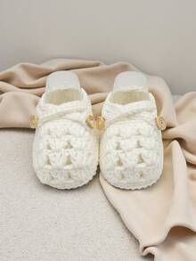 1 Pair Handmade Crochet Infant Shoes, Light Purple Color With Button Decor, Infant Size - White - View 4