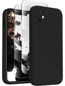 三合一手机壳，[直边][摄像头保护]硅胶升级防震壳，包含[2张屏幕保护膜]，磨砂软壳，黑色，钢化玻璃防水防震防刮