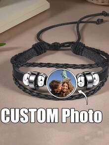 1pc Customized Photo Woven Bracelet, Vintage Synthetic Leather Bracelet, Adjustable, Suitable For Casual Wear, Friend/Classmate Gift, Couple Memento, Graduation, Thanksgiving, Christmas, Anniversary, Personalized Jewelry, Adjustable Bracelet, Vintage Bracelet, Durable Material, High-Quality Leather, Custom Photo Bracelet, Memorial Jewelry, Holiday Shopper, Couples's Gift - Style 9 - View 2