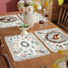 1 pièce Napperon imprimé avec motif d'éléments de Noël, décoration de Noël, tapis de table à franges en lin lavable, décoration d'intérieur, vaisselle, cuisine, fête d'intérieur/extérieur, cadeau idéal