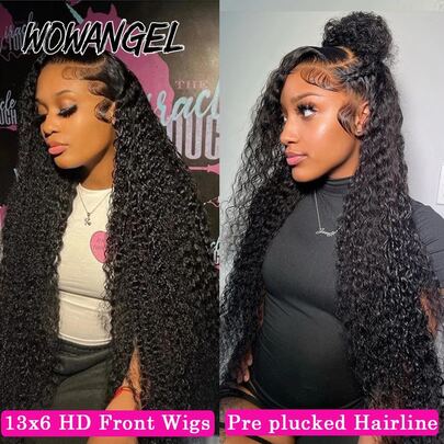 WOWANGEL 13x6 High Density Curly Natural Black Lace Front Wig, 250% Density Remy Burmese Human Hair Invisible Lace Front Wig, Pre-Plucked Hairline