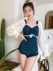 Traje de baño de las mujeres de una sola pieza sexy de manga larga del vientre delgado traje de baño de aguas termales - Verde - Ver 4