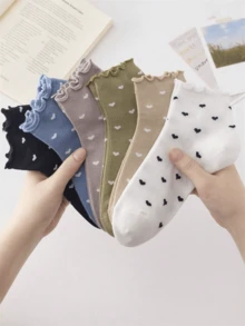 4/1 Pairs Women Ruffled Heart Pattern White Black Ankle Socks Short Socks, Breathable & Comfortable, Suitable For All Seasons, Random Colors - Multicolor - View 7
