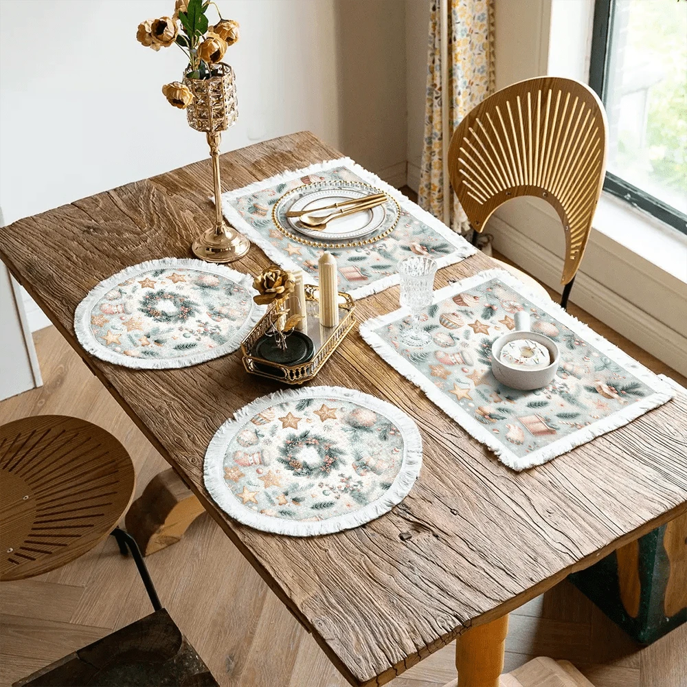 1 pièce Napperon imprimé avec motif d'éléments de Noël, décoration de Noël, tapis de table à franges en lin lavable, décoration d'intérieur, vaisselle, cuisine, fête d'intérieur/extérieur, cadeau idéal