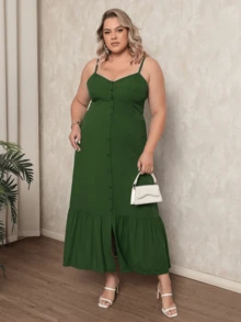 Women's Plus Size Long Dress In Plain Viscose With Padded Bra, Adjustable Straps And Front Buttons - Army Green - View 1