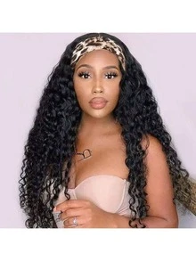 Wet And Wavy Headband Wigs Blended Human Hair Brazilian Virgin Hair Water Wave Headband Synthetic Hair Wigs For Black Women 200% Density Glueless Non Lace Front Wigs Half Wig With Headband Curly Hair Band Wig 18inch - Natural & Black - View 2