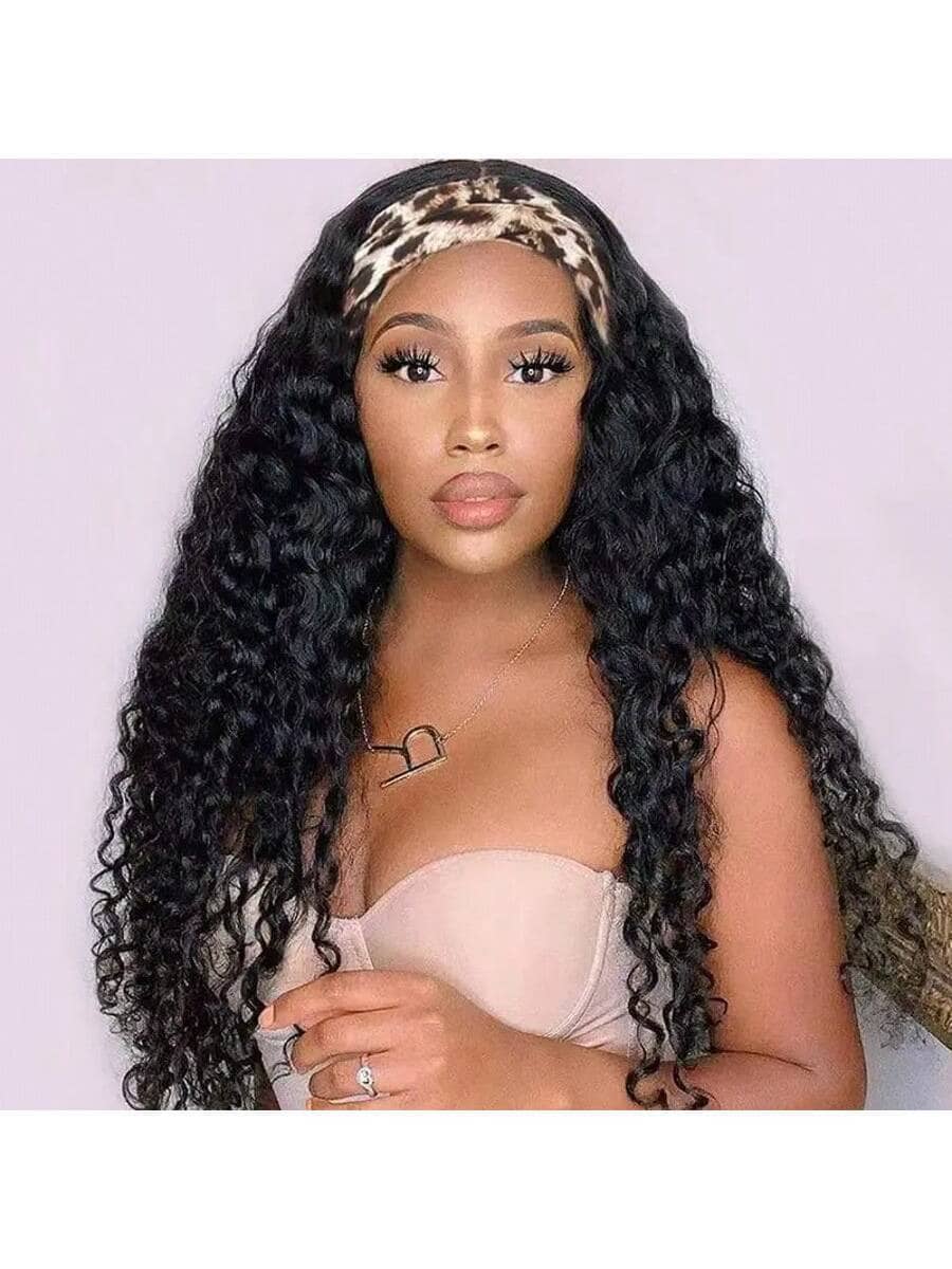 Wet And Wavy Headband Wigs Blended Human Hair Brazilian Virgin Hair Water Wave Headband Synthetic Hair Wigs For Black Women 200% Density Glueless Non Lace Front Wigs Half Wig With Headband Curly Hair Band Wig 18inch