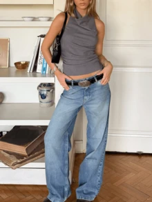 Women High Mock Neck Halter Top Cowl Ruched Open Back Tank Tops Backless Y2k Summer Going Out Tops - Gris Oscuro - Ver 5