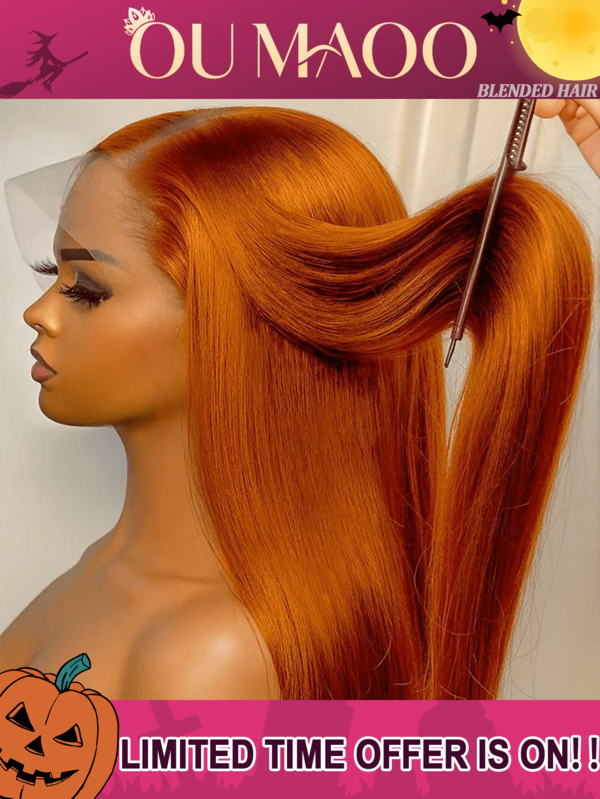 200% Density Brazilian Long Straight Ginger Orange Straight Lace Front Wig 13x4 HD Lace Front Wig Brazilian Virgin Hair Frontal Closure Wig Orange Blonde Color Wig Pre Plucked With Baby Hair Pre Bleached Knots & Natural Hairline 8-34 Inches Halloween Wigs For Women