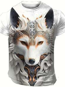 Men's 3D Wolf Print T-Shirt - Intricate Animal Design With Gold Accents, Casual Crew Neck, Short Sleeve T-Shirt - 白色 - 查看 1