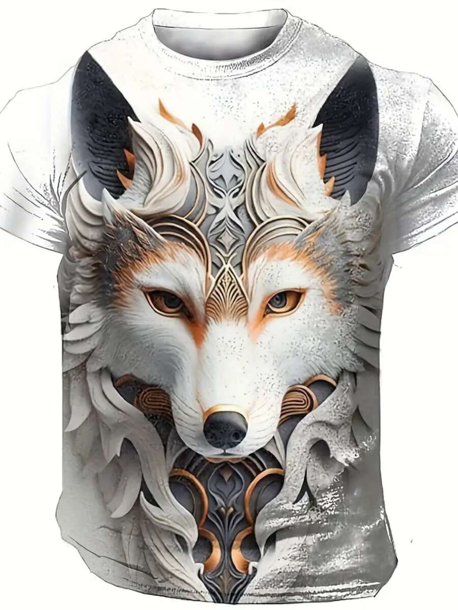 Men's 3D Wolf Print T-Shirt - Intricate Animal Design With Gold Accents, Casual Crew Neck, Short Sleeve T-Shirt - 白色 - 查看 1