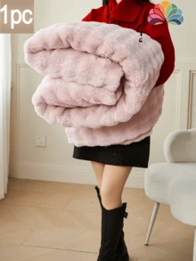 1pc Plain Cozy Light Pink Rabbit Fur Plush Blanket Luxury Stylish Bubbled Paired Faux Fur Fluffy Long Plush Blanket Bedding Throw Soft Warm Comfortable Couches Blankets For Home, For Sofa, Living Room King Queen Twin Throw Size Back School Bedding Domitory Blanket - Light Pink - View 1