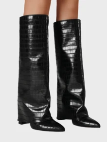 Women's Knee High Boots Fold Over Chunky High Heels Long Zipper Pointed Toe Boots Dress Fashion Winter Fall Boots For Women - mẫu đá đen - Xem 5