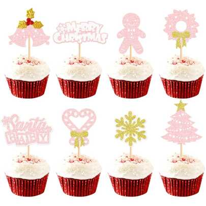 8 pezzi Decorazioni per cupcake di Natale con Babbo Natale, Babbo Natale rosa glitterato, omino di pan di zenzero, albero di Natale, fiocchi di neve, decorazioni per cupcake natalizie, decorazioni per torte per feste di gender reveal