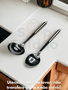 Kit Of 6 Stainless Steel Kitchen Utensils: Skimmer 33cm Ladle 32cm Rice Spoon 29cm Straight Pasta Tong 32cm Carving Fork 33cm Openwork Spatula For Hamburger 30cm - thép không gỉ - Xem 3