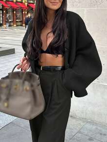 女士V领英式和服开衫上衣，秋冬款，黑色 - 黑色 - 查看 5