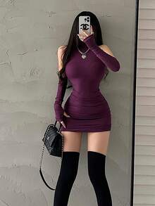 Primavera Sexy Cuello Alto Vestido Spice Girl Sweet Spice Tight Pure Desire Wind Hanging Neck Wrap Hip Skirt Female - Morado - Ver 5