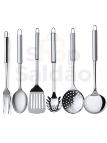 Kit Of 6 Stainless Steel Kitchen Utensils: Skimmer 33cm Ladle 32cm Rice Spoon 29cm Straight Pasta Tong 32cm Carving Fork 33cm Openwork Spatula For Hamburger 30cm - thép không gỉ - Xem 1